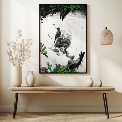 Plakat abstrakcyjny Format A3 - 0009 - „EkoGenesis” – surrealistyczna kompozycja dłoni, ptaków i roślin
