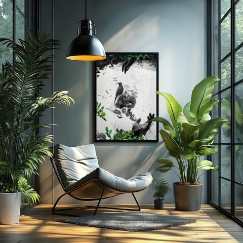 Plakat abstrakcyjny Format A3 - 0009 - „EkoGenesis” – surrealistyczna kompozycja dłoni, ptaków i roślin