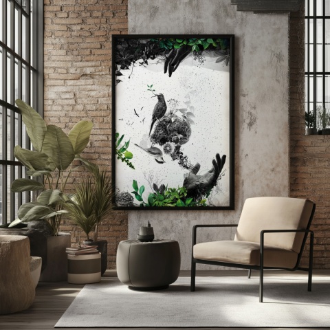 Plakat abstrakcyjny Format A3 - 0009 - „EkoGenesis” – surrealistyczna kompozycja dłoni, ptaków i roślin