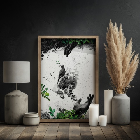 Plakat abstrakcyjny Format A3 - 0009 - „EkoGenesis” – surrealistyczna kompozycja dłoni, ptaków i roślin