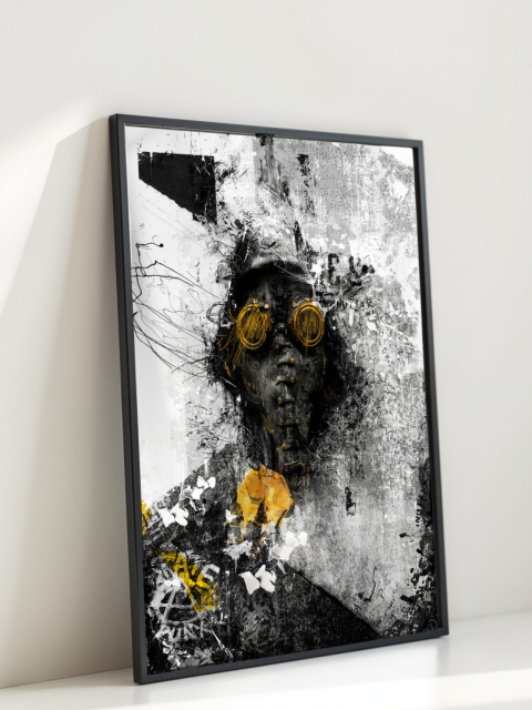 Plakat abstrakcyjny Format A3 - 0009 - „Zamaskowana Cisza” – postać w masce gazowej na industrialnym tle