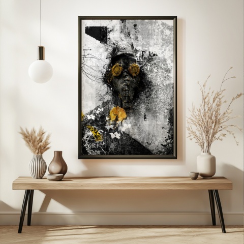 Plakat abstrakcyjny Format A3 - 0009 - „Zamaskowana Cisza” – postać w masce gazowej na industrialnym tle