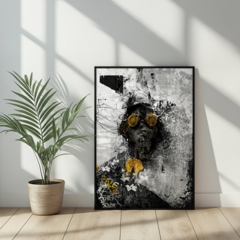 Plakat abstrakcyjny Format A3 - 0009 - „Zamaskowana Cisza” – postać w masce gazowej na industrialnym tle