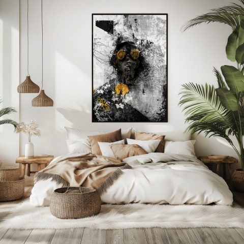 Plakat abstrakcyjny Format A3 - 0009 - „Zamaskowana Cisza” – postać w masce gazowej na industrialnym tle