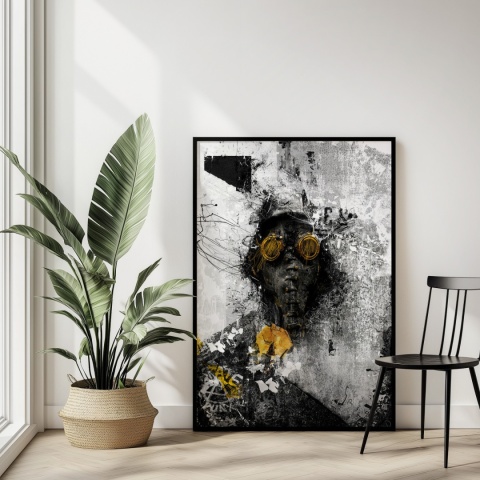 Plakat abstrakcyjny Format A3 - 0009 - „Zamaskowana Cisza” – postać w masce gazowej na industrialnym tle