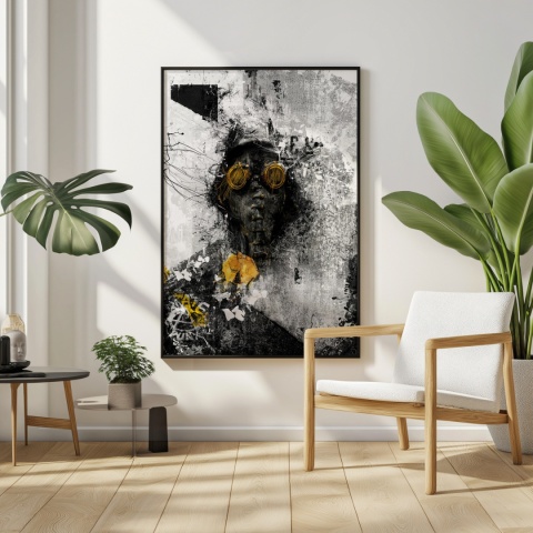 Plakat abstrakcyjny Format A3 - 0009 - „Zamaskowana Cisza” – postać w masce gazowej na industrialnym tle