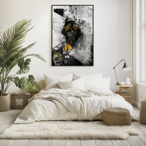 Plakat abstrakcyjny Format A3 - 0009 - „Zamaskowana Cisza” – postać w masce gazowej na industrialnym tle