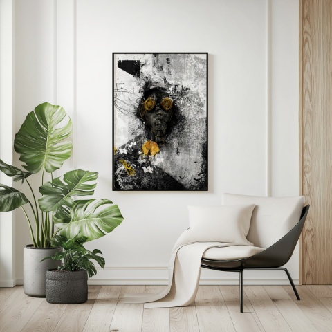 Plakat abstrakcyjny Format A3 - 0009 - „Zamaskowana Cisza” – postać w masce gazowej na industrialnym tle