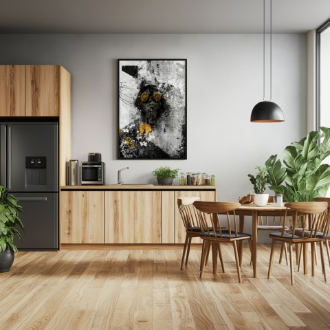 Plakat abstrakcyjny Format A3 - 0009 - „Zamaskowana Cisza” – postać w masce gazowej na industrialnym tle