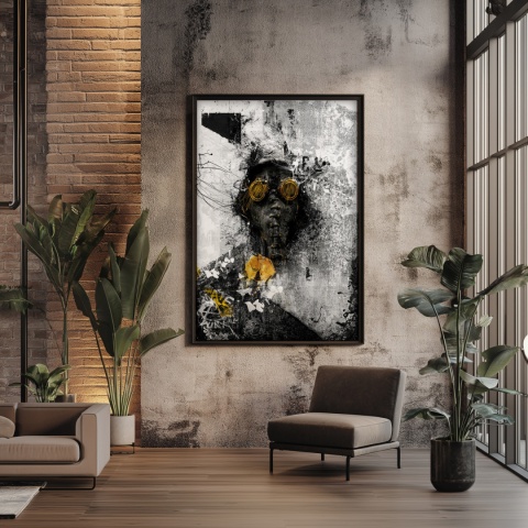 Plakat abstrakcyjny Format A3 - 0009 - „Zamaskowana Cisza” – postać w masce gazowej na industrialnym tle