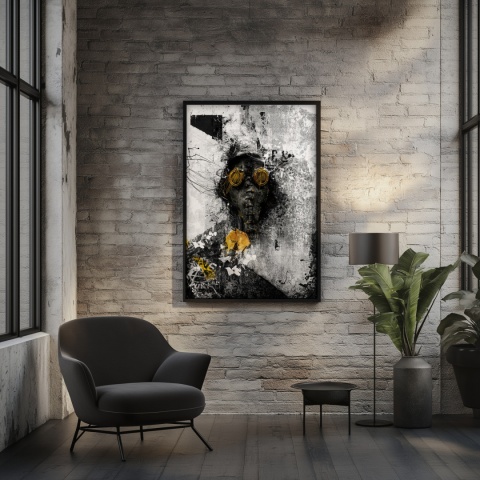 Plakat abstrakcyjny Format A3 - 0009 - „Zamaskowana Cisza” – postać w masce gazowej na industrialnym tle