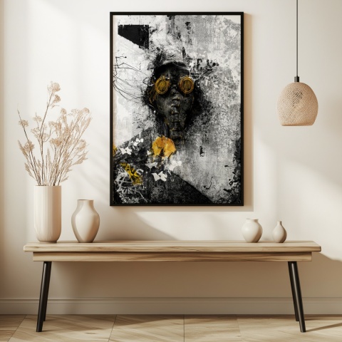 Plakat abstrakcyjny Format A3 - 0009 - „Zamaskowana Cisza” – postać w masce gazowej na industrialnym tle