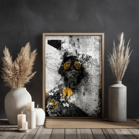 Plakat abstrakcyjny Format A2 - 0009 - „Zamaskowana Cisza” – postać w masce gazowej na industrialnym tle