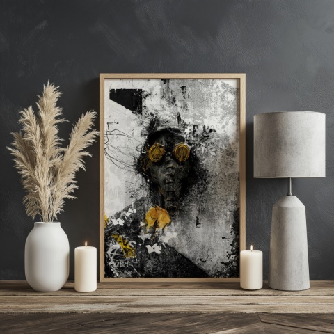 Plakat abstrakcyjny Format A2 - 0009 - „Zamaskowana Cisza” – postać w masce gazowej na industrialnym tle