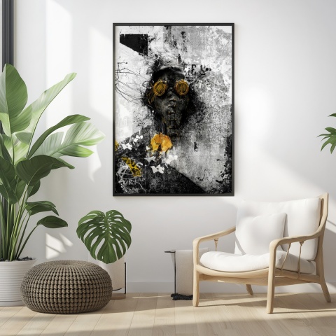 Plakat abstrakcyjny Format A2 - 0009 - „Zamaskowana Cisza” – postać w masce gazowej na industrialnym tle