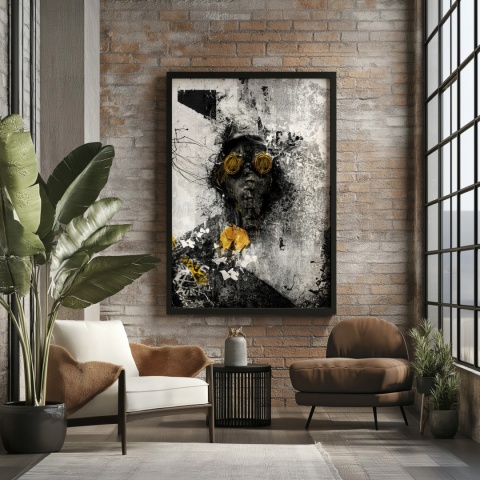 Plakat abstrakcyjny Format A2 - 0009 - „Zamaskowana Cisza” – postać w masce gazowej na industrialnym tle