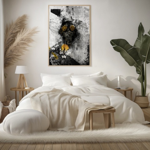 Plakat abstrakcyjny Format A2 - 0009 - „Zamaskowana Cisza” – postać w masce gazowej na industrialnym tle