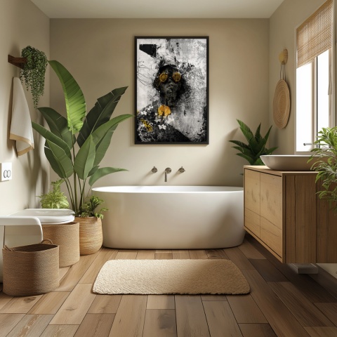 Plakat abstrakcyjny Format A2 - 0009 - „Zamaskowana Cisza” – postać w masce gazowej na industrialnym tle