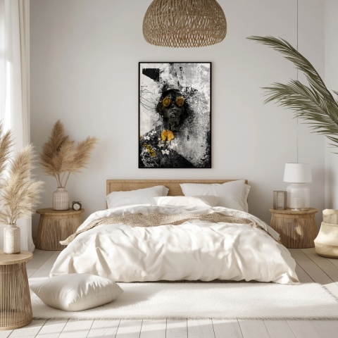 Plakat abstrakcyjny Format A2 - 0009 - „Zamaskowana Cisza” – postać w masce gazowej na industrialnym tle