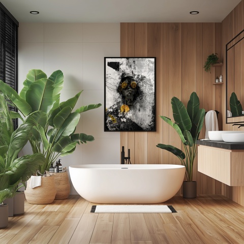 Plakat abstrakcyjny Format A2 - 0009 - „Zamaskowana Cisza” – postać w masce gazowej na industrialnym tle