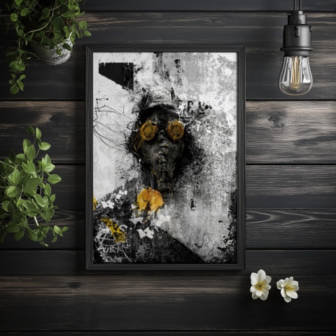 Plakat abstrakcyjny Format A2 - 0009 - „Zamaskowana Cisza” – postać w masce gazowej na industrialnym tle
