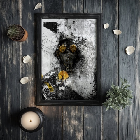 Plakat abstrakcyjny Format A2 - 0009 - „Zamaskowana Cisza” – postać w masce gazowej na industrialnym tle
