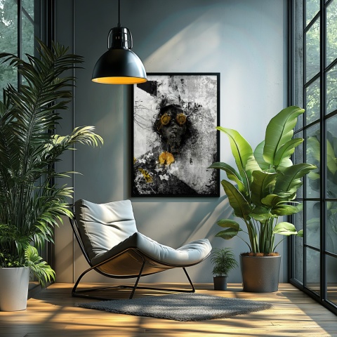 Plakat abstrakcyjny Format A2 - 0009 - „Zamaskowana Cisza” – postać w masce gazowej na industrialnym tle