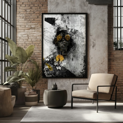 Plakat abstrakcyjny Format A2 - 0009 - „Zamaskowana Cisza” – postać w masce gazowej na industrialnym tle