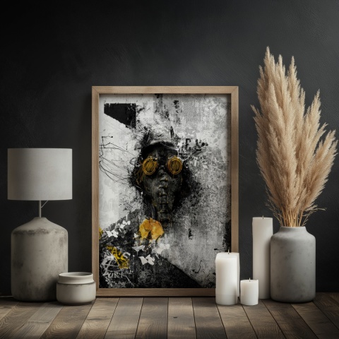 Plakat abstrakcyjny Format A2 - 0009 - „Zamaskowana Cisza” – postać w masce gazowej na industrialnym tle