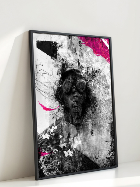 Plakat abstrakcyjny Format A2 - 0010 - „Zamaskowana Cisza” – postać w masce gazowej na industrialnym tle