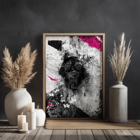 Plakat abstrakcyjny Format A2 - 0010 - „Zamaskowana Cisza” – postać w masce gazowej na industrialnym tle