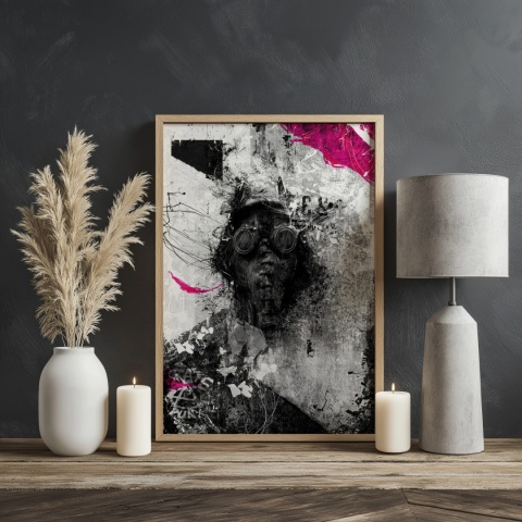 Plakat abstrakcyjny Format A2 - 0010 - „Zamaskowana Cisza” – postać w masce gazowej na industrialnym tle