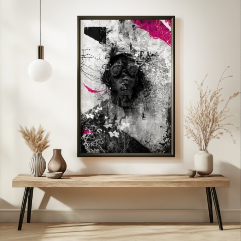 Plakat abstrakcyjny Format A2 - 0010 - „Zamaskowana Cisza” – postać w masce gazowej na industrialnym tle