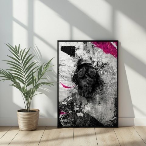Plakat abstrakcyjny Format A2 - 0010 - „Zamaskowana Cisza” – postać w masce gazowej na industrialnym tle