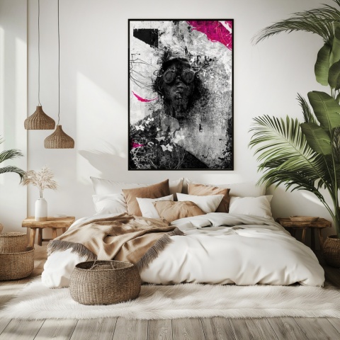 Plakat abstrakcyjny Format A2 - 0010 - „Zamaskowana Cisza” – postać w masce gazowej na industrialnym tle