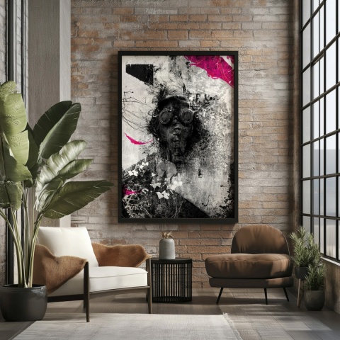 Plakat abstrakcyjny Format A2 - 0010 - „Zamaskowana Cisza” – postać w masce gazowej na industrialnym tle