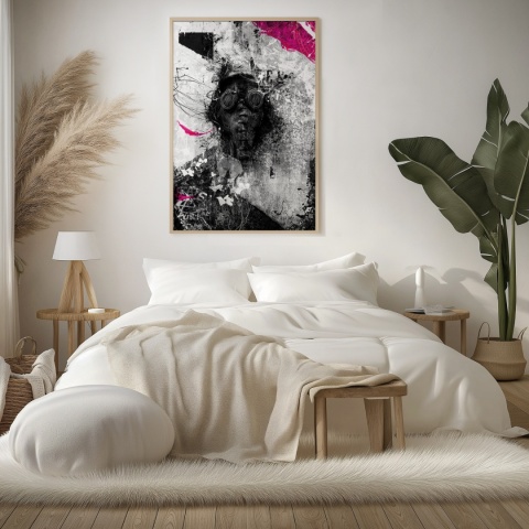 Plakat abstrakcyjny Format A2 - 0010 - „Zamaskowana Cisza” – postać w masce gazowej na industrialnym tle