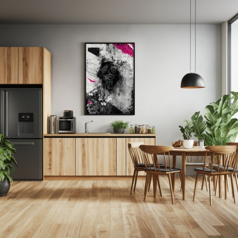 Plakat abstrakcyjny Format A2 - 0010 - „Zamaskowana Cisza” – postać w masce gazowej na industrialnym tle