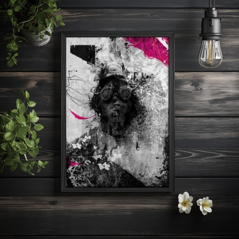 Plakat abstrakcyjny Format A2 - 0010 - „Zamaskowana Cisza” – postać w masce gazowej na industrialnym tle