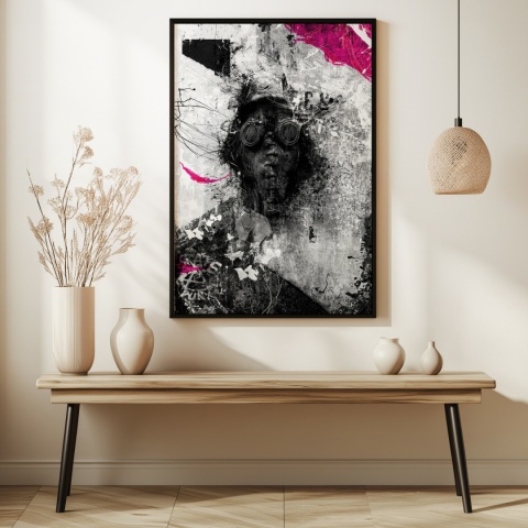 Plakat abstrakcyjny Format A2 - 0010 - „Zamaskowana Cisza” – postać w masce gazowej na industrialnym tle