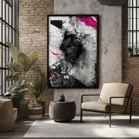 Plakat abstrakcyjny Format A2 - 0010 - „Zamaskowana Cisza” – postać w masce gazowej na industrialnym tle