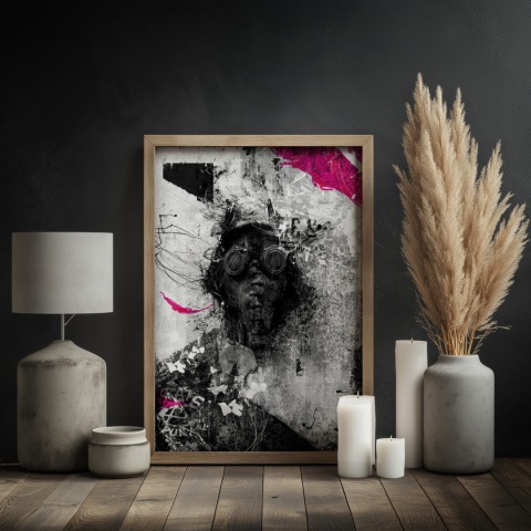 Plakat abstrakcyjny Format A2 - 0010 - „Zamaskowana Cisza” – postać w masce gazowej na industrialnym tle