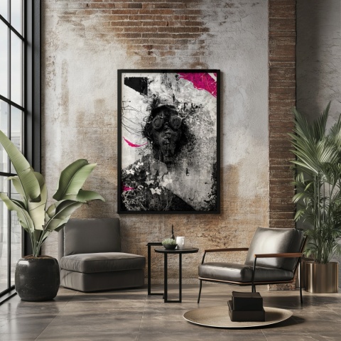 Plakat abstrakcyjny Format A3 - 0010 - „Zamaskowana Cisza” – postać w masce gazowej na industrialnym tle