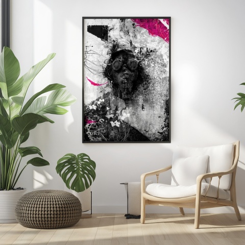 Plakat abstrakcyjny Format A3 - 0010 - „Zamaskowana Cisza” – postać w masce gazowej na industrialnym tle