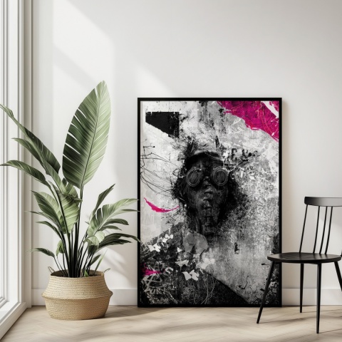 Plakat abstrakcyjny Format A3 - 0010 - „Zamaskowana Cisza” – postać w masce gazowej na industrialnym tle