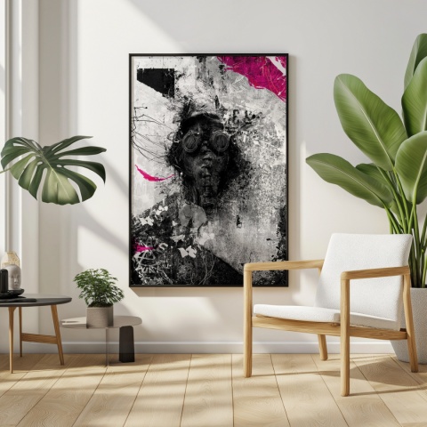 Plakat abstrakcyjny Format A3 - 0010 - „Zamaskowana Cisza” – postać w masce gazowej na industrialnym tle