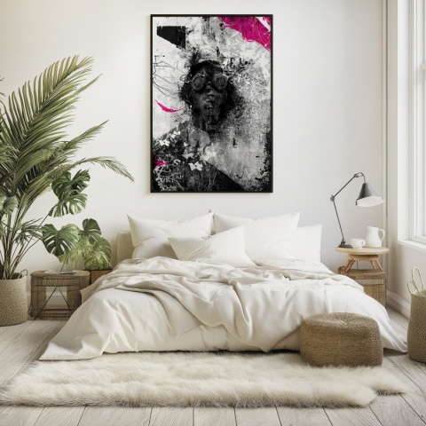 Plakat abstrakcyjny Format A3 - 0010 - „Zamaskowana Cisza” – postać w masce gazowej na industrialnym tle