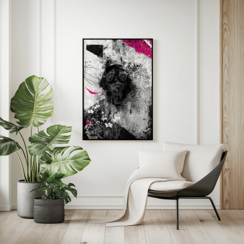 Plakat abstrakcyjny Format A3 - 0010 - „Zamaskowana Cisza” – postać w masce gazowej na industrialnym tle