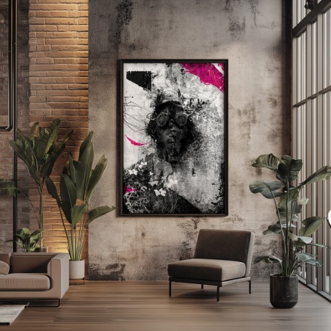 Plakat abstrakcyjny Format A3 - 0010 - „Zamaskowana Cisza” – postać w masce gazowej na industrialnym tle