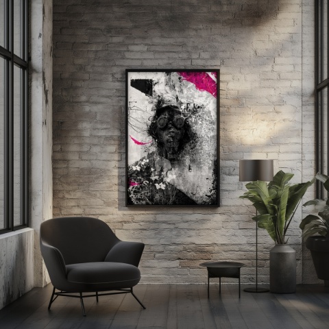 Plakat abstrakcyjny Format A3 - 0010 - „Zamaskowana Cisza” – postać w masce gazowej na industrialnym tle